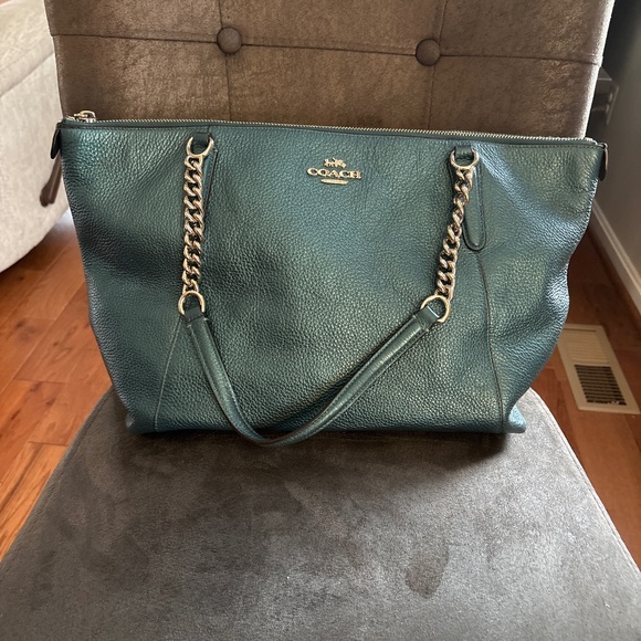 Coach Ava Silver Tone  Chain Metallic Teal Pebbled Leather Tote Handbag - Picture 1 of 11
